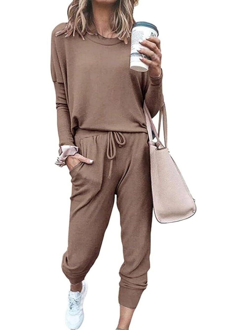 Women's 2 Piece Sets Dark Khaki Sweatsuits Casual Long Sleeve Sweatpants Fall